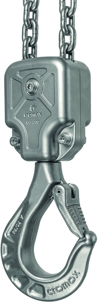 Palan à chaîne inox : frein et réducteur étanches, chaîne de charge inox (photo du fabricant).