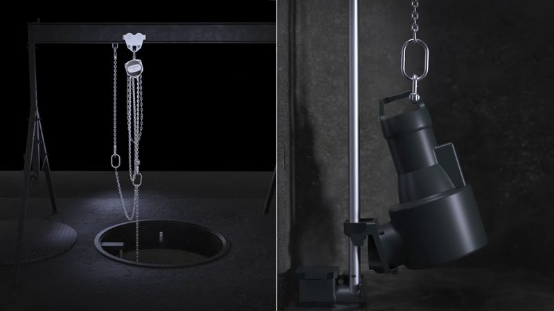 Poste de relevage : portique, chariot et palan inox, chaîne de relevage dans le puits (image du film du fabricant).