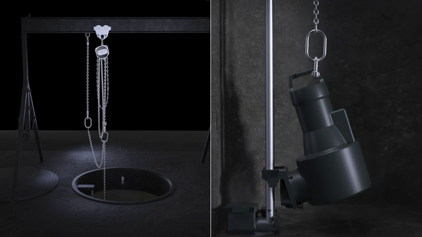 Film du fabricant : portique, chariot et palan inox, chaîne de relevage qui descend dans le puits ; à droite, la pompe immergée pendue à sa manille